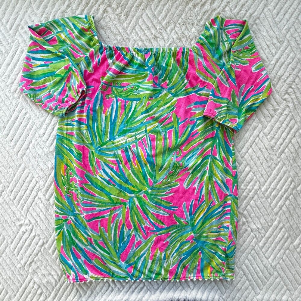 Lilly Pulitzer Girls Size Large 8-10 Palm Print Off Shoulder Cotton Summer Dress